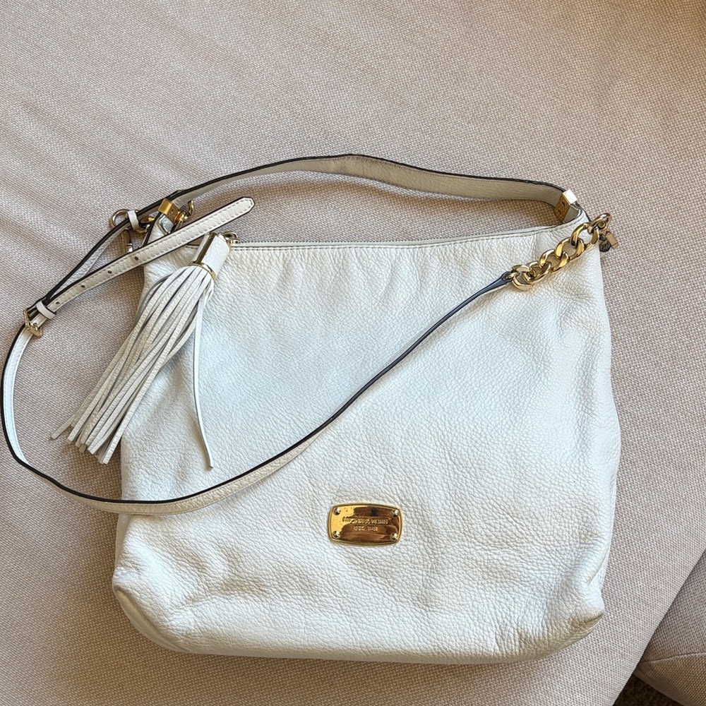 Michael Kors Cream Leather Shoulder Bag with Tassel and Gold Hardware